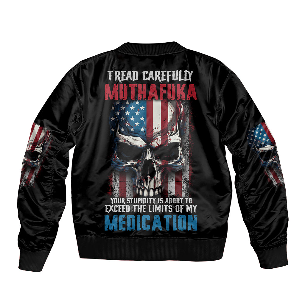 Black bomber jacket with large back skull and American flag graphic, ribbed collar