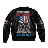 Black bomber jacket with large back skull and American flag graphic, ribbed collar