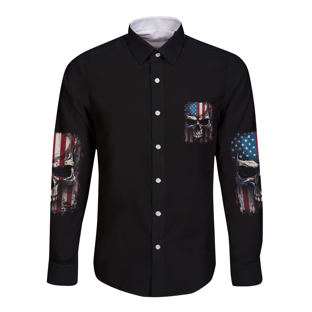 Black long sleeve button shirt with chest skull patch, button-front, patriotic sleeve print