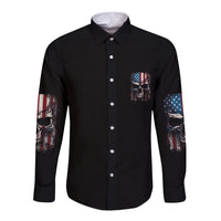 Black long sleeve button shirt with chest skull patch, button-front, patriotic sleeve print