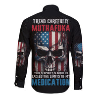 Black long sleeve button shirt with full back skull graphic and text, stars-and-stripes sleeves