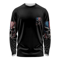 Black long-sleeve shirt with partial sleeve American flag skull graphic