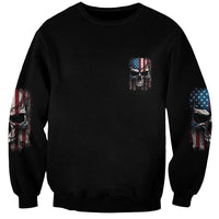 Black unisex sweatshirt with small skull graphic and US flag prints on sleeves