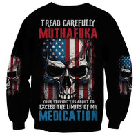 Black unisex sweatshirt with large skull graphic, US flag stars stripes, and warning text
