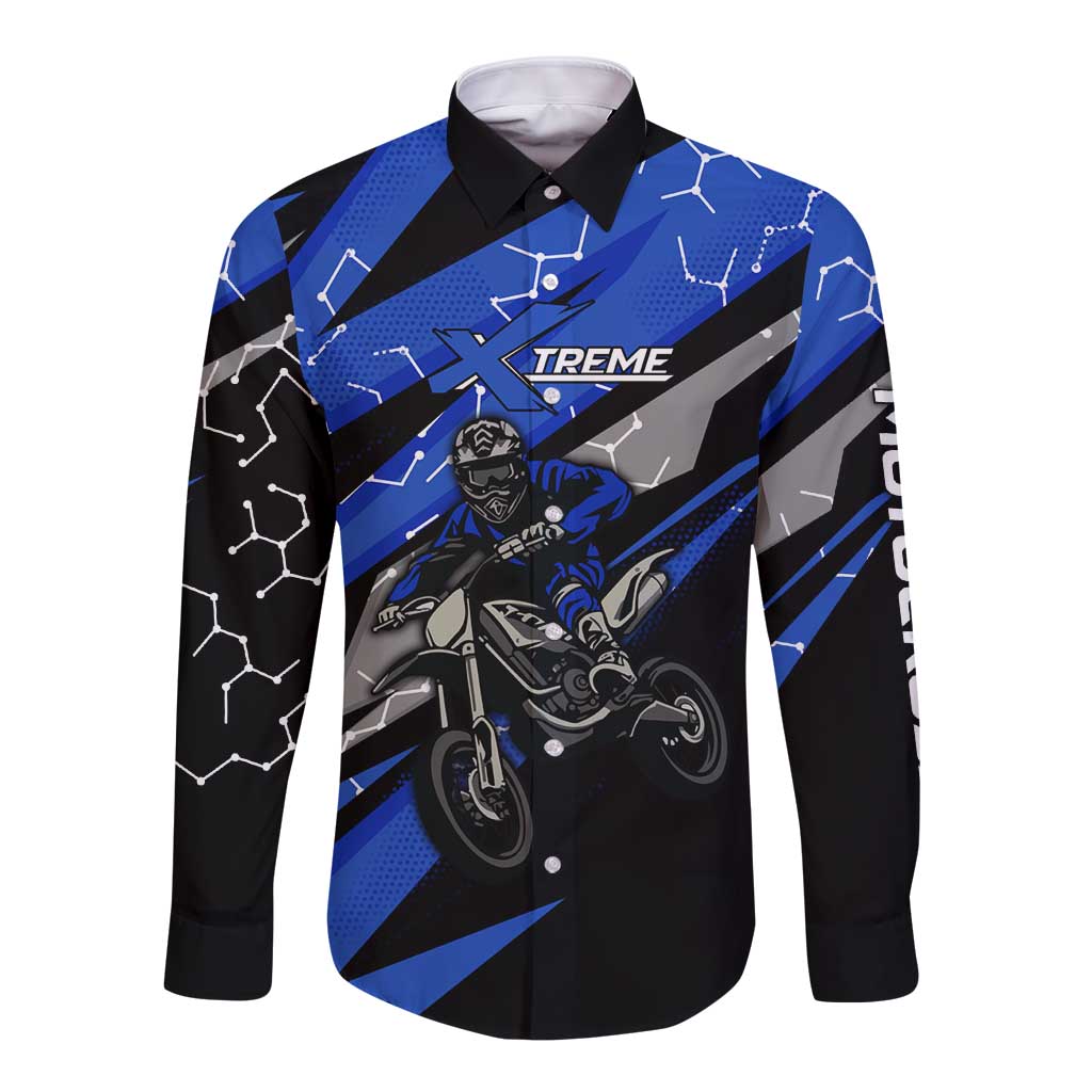 Personalized Extreme Motocross Long Sleeve Button Shirt with Blue Rider – Dirt Bike Racing Design - Wonder Print Shop