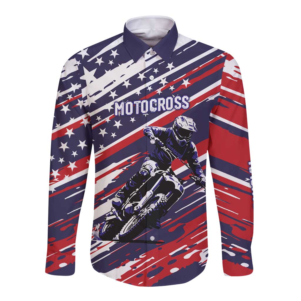 Personalized Patriotic Motocross Long Sleeve Button Shirt with USA Flag Colors – Dirt Bike Racing Design - Wonder Print Shop