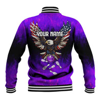 Personalized Patriotic Eagle Bowling Baseball Jacket with Purple Flames USA Flag Wings Design - Wonder Print Shop