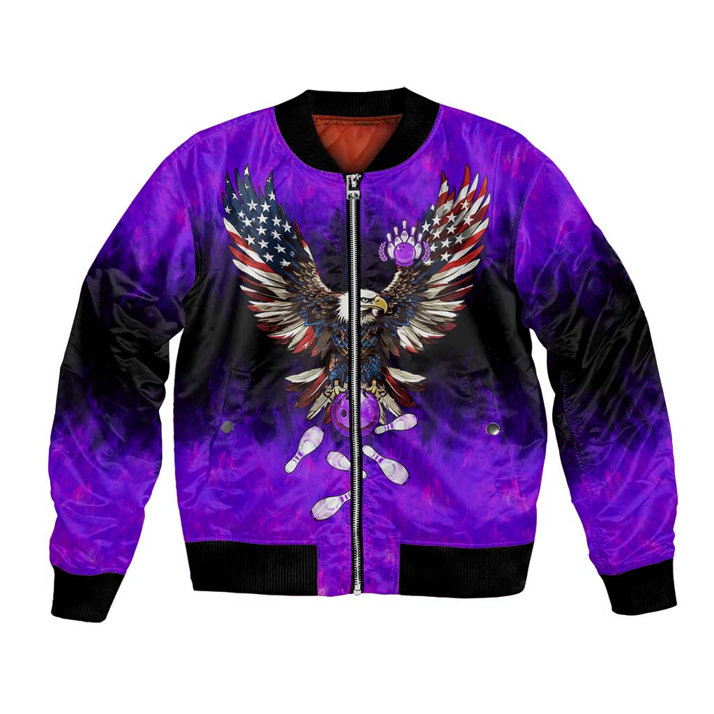 Personalized Patriotic Eagle Bowling Bomber Jacket with Purple Flames USA Flag Wings Design - Wonder Print Shop
