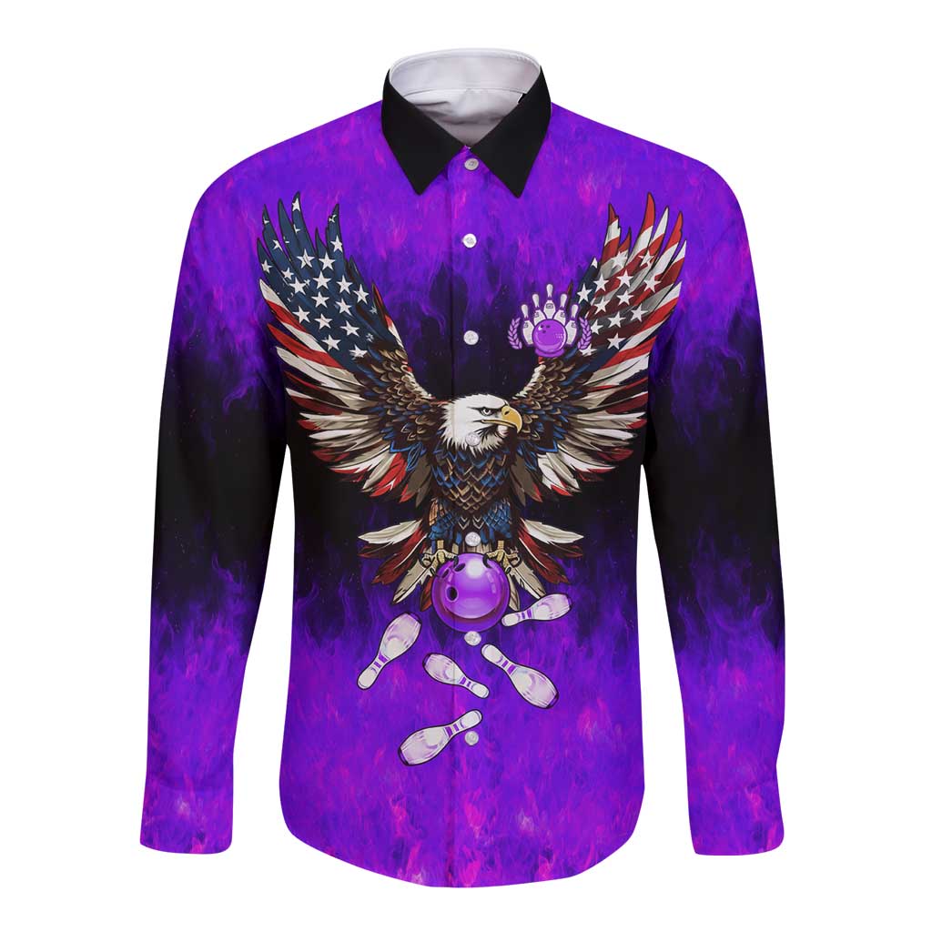 Personalized Patriotic Eagle Bowling Long Sleeve Button Shirt with Purple Flames USA Flag Wings Design - Wonder Print Shop