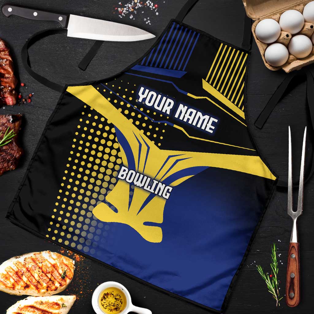 Personalized Blue and Yellow Bowling Apron with Striking Pins Retro Dot Pattern Design - Wonder Print Shop