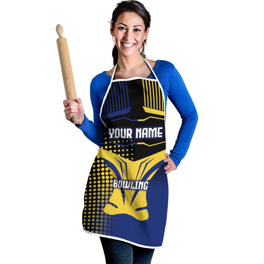 Personalized Blue and Yellow Bowling Apron with Striking Pins Retro Dot Pattern Design - Wonder Print Shop