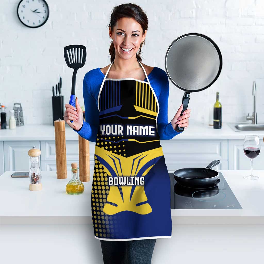 Personalized Blue and Yellow Bowling Apron with Striking Pins Retro Dot Pattern Design - Wonder Print Shop