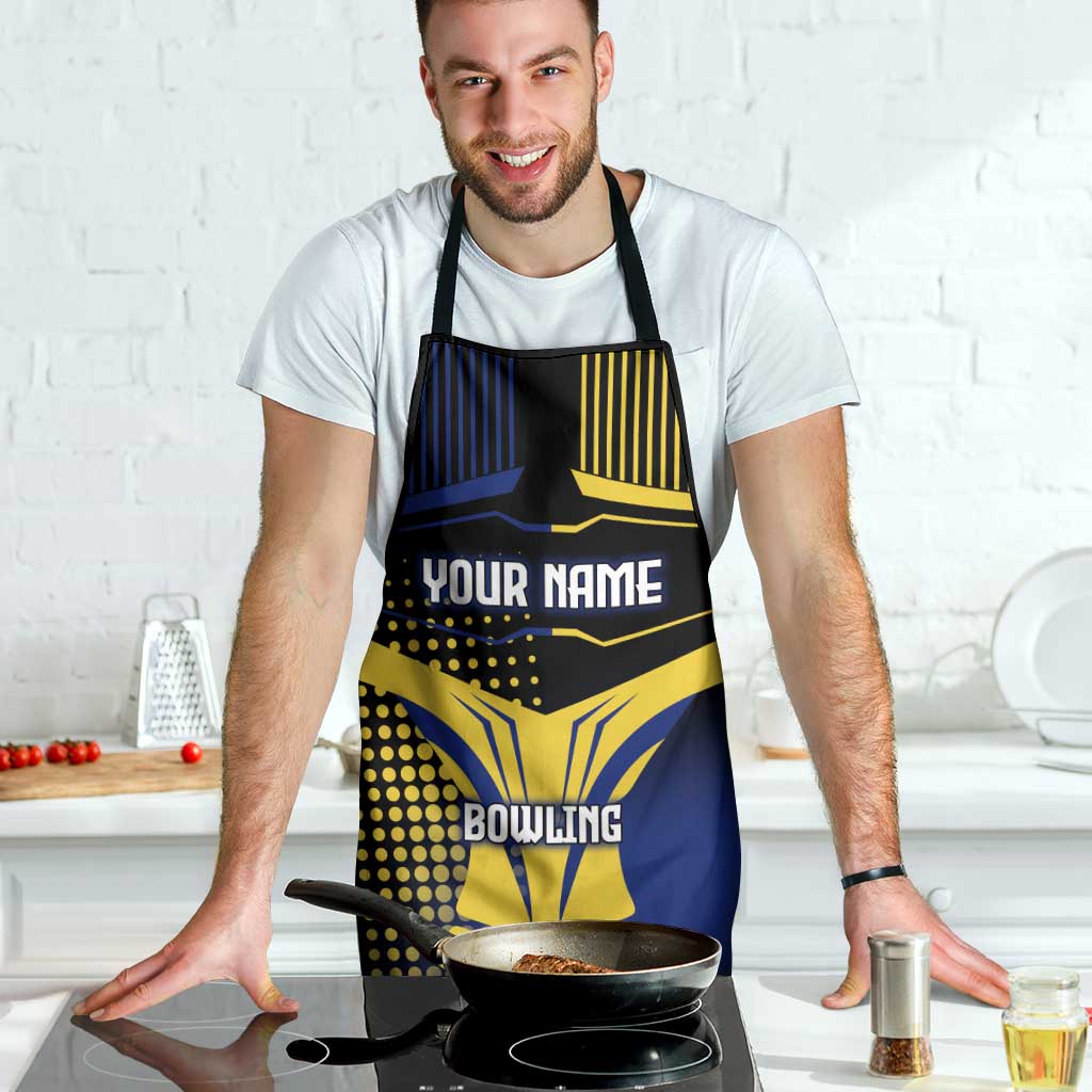 Personalized Blue and Yellow Bowling Apron with Striking Pins Retro Dot Pattern Design - Wonder Print Shop