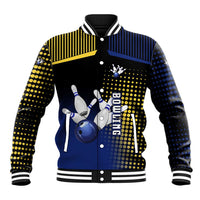 Personalized Blue and Yellow Bowling Baseball Jacket with Striking Pins Retro Dot Pattern Design - Wonder Print Shop