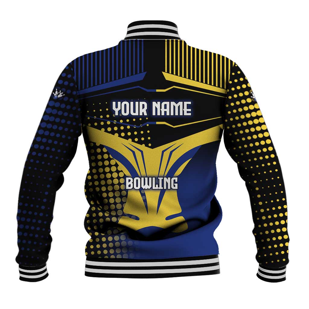 Personalized Blue and Yellow Bowling Baseball Jacket with Striking Pins Retro Dot Pattern Design - Wonder Print Shop