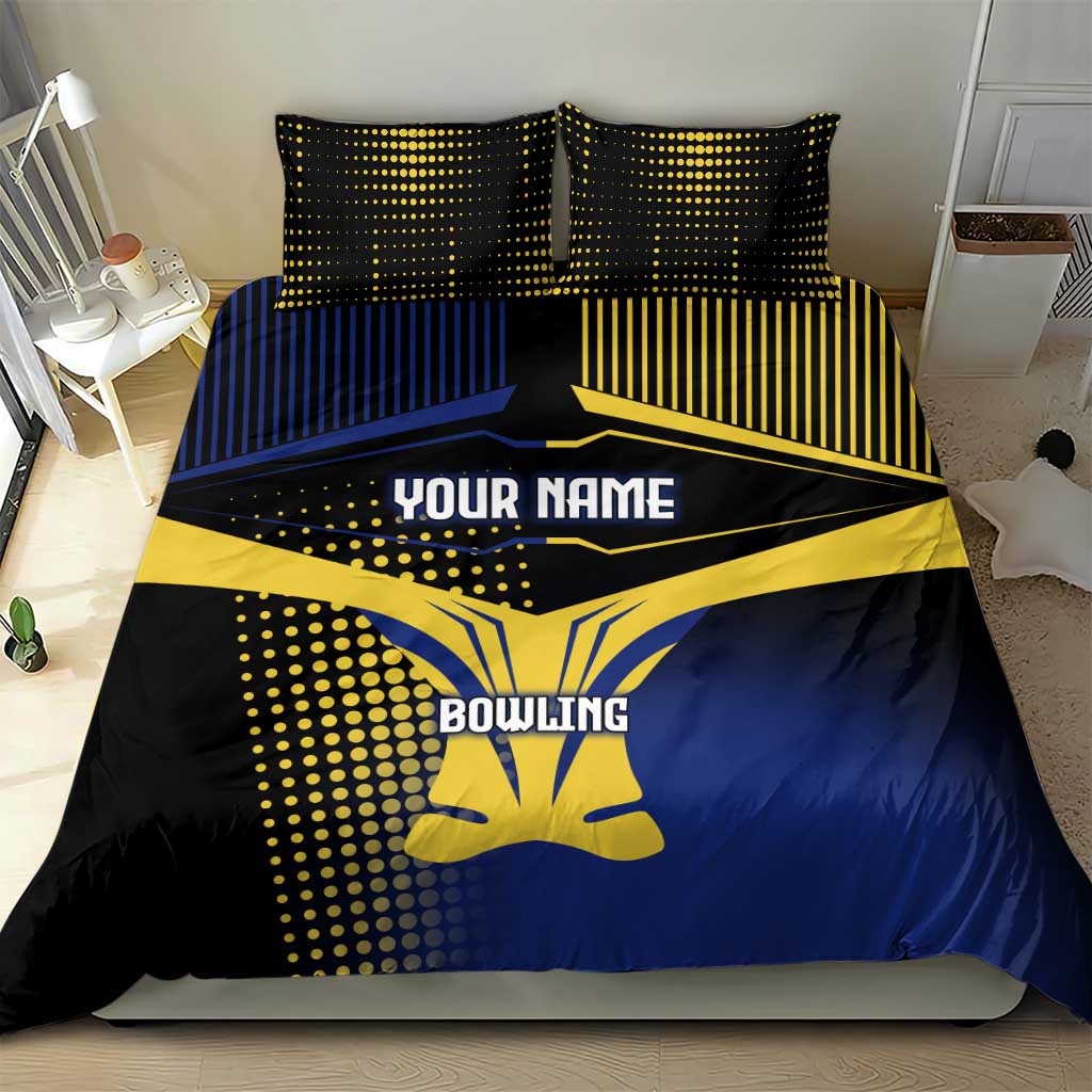 Personalized Blue and Yellow Bowling Bedding Set with Striking Pins Retro Dot Pattern Design - Wonder Print Shop