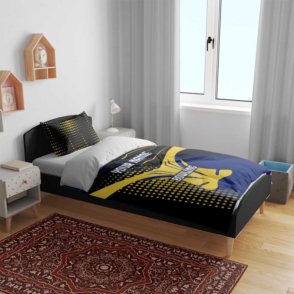 Personalized Blue and Yellow Bowling Bedding Set with Striking Pins Retro Dot Pattern Design - Wonder Print Shop