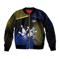 Personalized Blue and Yellow Bowling Bomber Jacket with Striking Pins Retro Dot Pattern Design - Wonder Print Shop