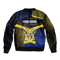 Personalized Blue and Yellow Bowling Bomber Jacket with Striking Pins Retro Dot Pattern Design - Wonder Print Shop