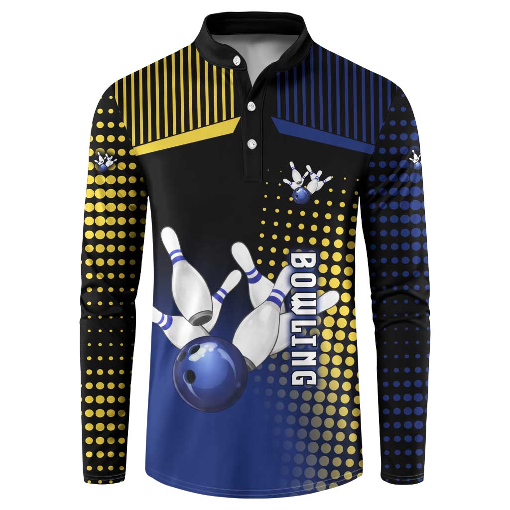 Personalized Blue and Yellow Bowling Button Sweatshirt with Striking Pins Retro Dot Pattern Design - Wonder Print Shop