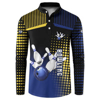 Personalized Blue and Yellow Bowling Button Sweatshirt with Striking Pins Retro Dot Pattern Design - Wonder Print Shop