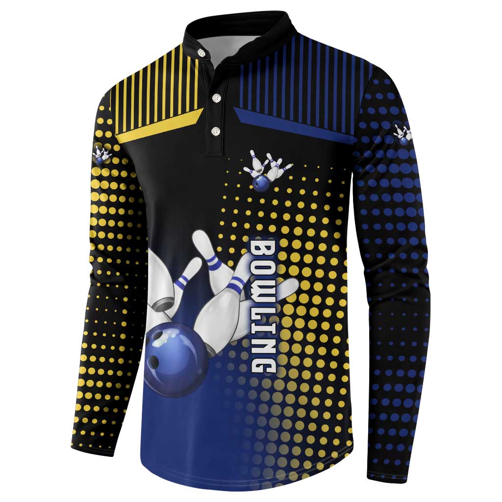 Personalized Blue and Yellow Bowling Button Sweatshirt with Striking Pins Retro Dot Pattern Design - Wonder Print Shop