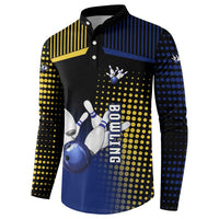 Personalized Blue and Yellow Bowling Button Sweatshirt with Striking Pins Retro Dot Pattern Design - Wonder Print Shop