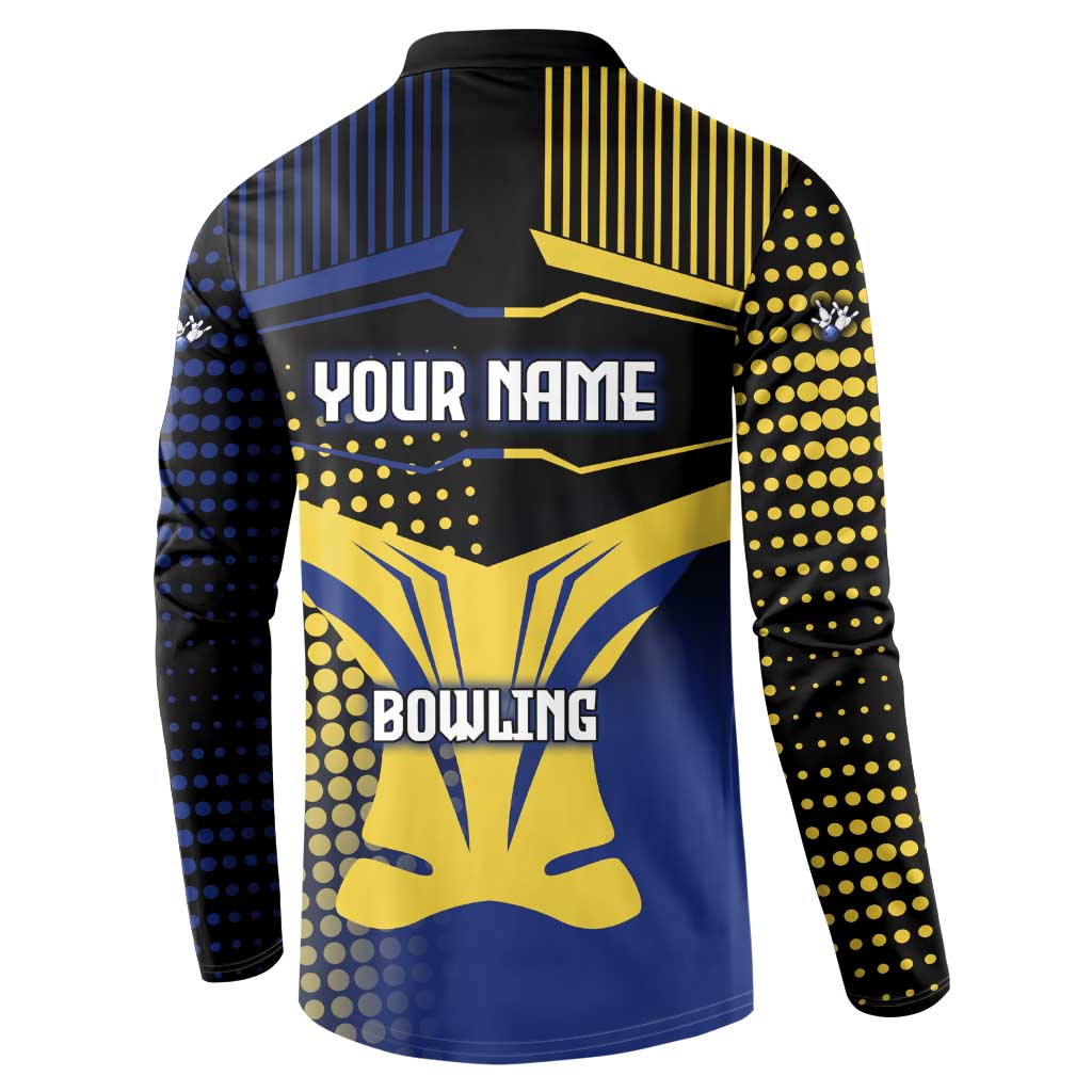 Personalized Blue and Yellow Bowling Button Sweatshirt with Striking Pins Retro Dot Pattern Design - Wonder Print Shop