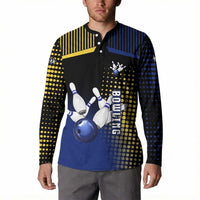Personalized Blue and Yellow Bowling Button Sweatshirt with Striking Pins Retro Dot Pattern Design - Wonder Print Shop