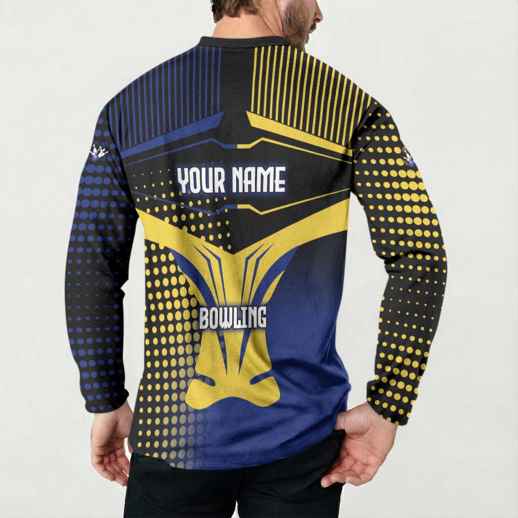 Personalized Blue and Yellow Bowling Button Sweatshirt with Striking Pins Retro Dot Pattern Design - Wonder Print Shop
