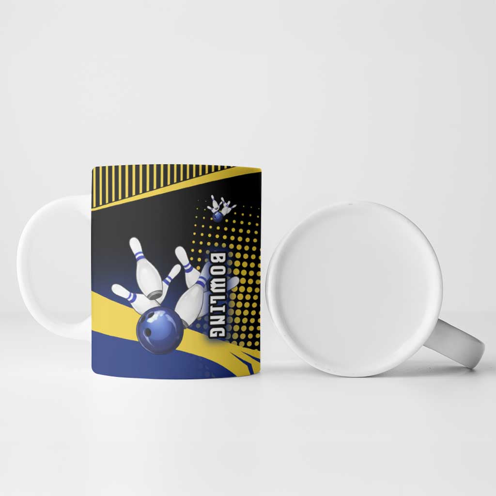 Personalized Blue and Yellow Bowling Ceramic Mug with Striking Pins Retro Dot Pattern Design - Wonder Print Shop