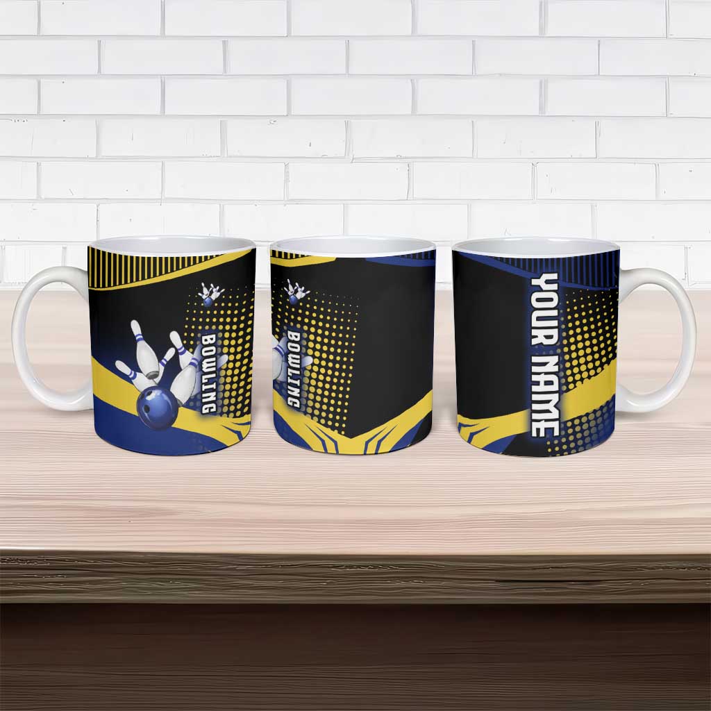 Personalized Blue and Yellow Bowling Ceramic Mug with Striking Pins Retro Dot Pattern Design - Wonder Print Shop