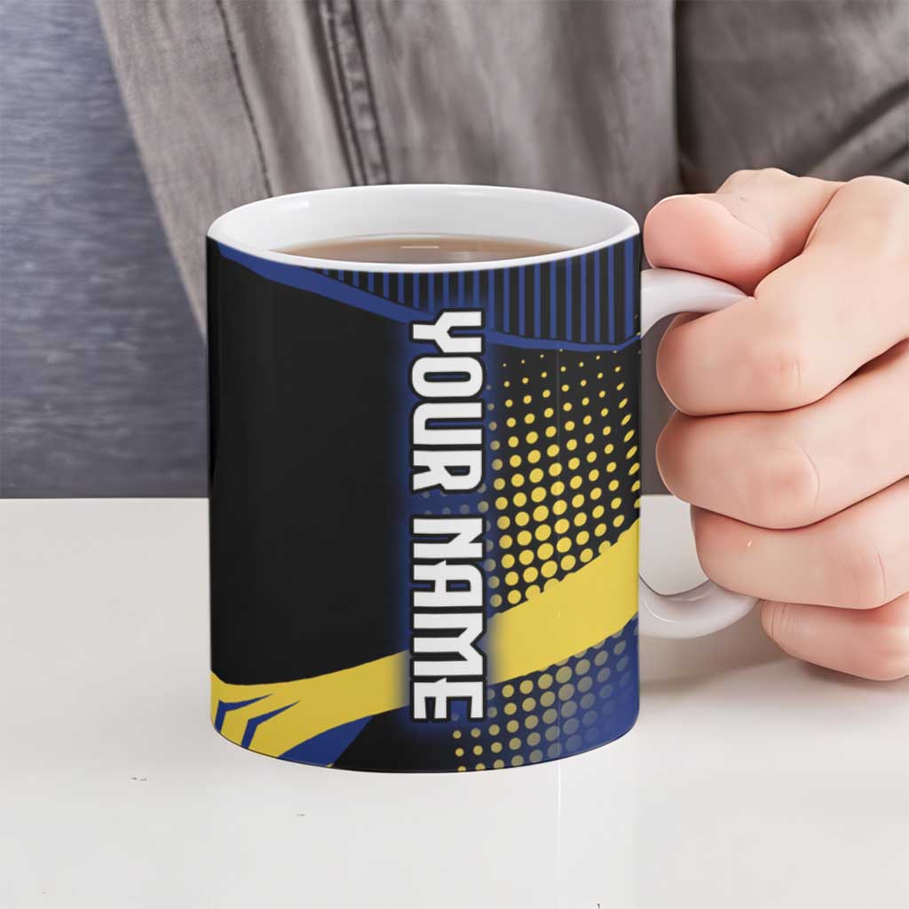 Personalized Blue and Yellow Bowling Ceramic Mug with Striking Pins Retro Dot Pattern Design - Wonder Print Shop
