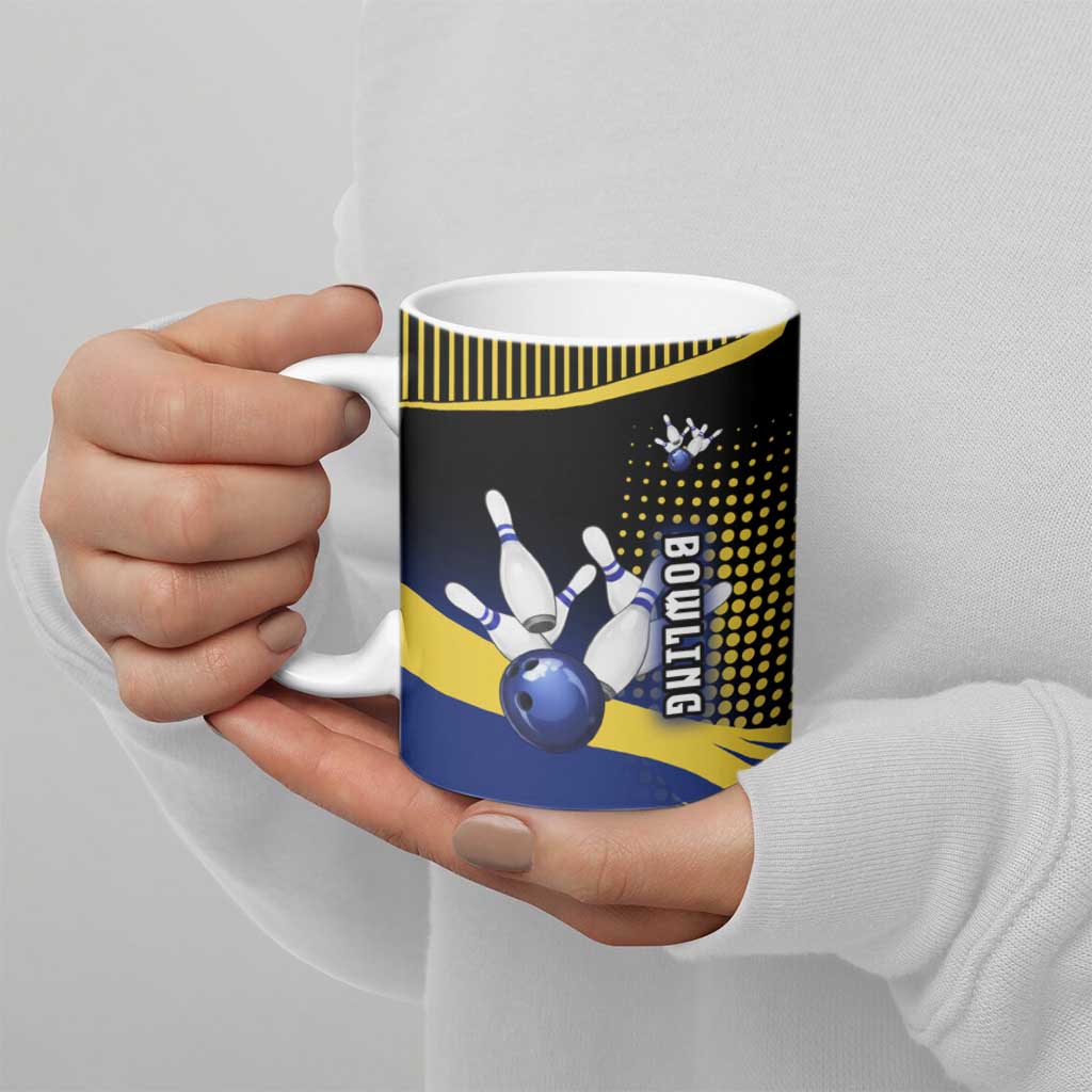 Personalized Blue and Yellow Bowling Ceramic Mug with Striking Pins Retro Dot Pattern Design - Wonder Print Shop