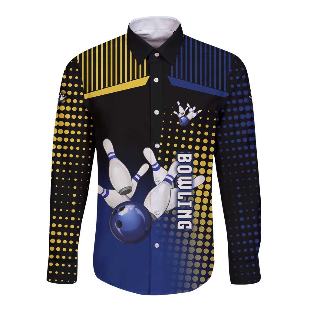 Personalized Blue and Yellow Bowling Long Sleeve Button Shirt with Striking Pins Retro Dot Pattern Design - Wonder Print Shop