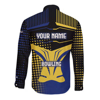 Personalized Blue and Yellow Bowling Long Sleeve Button Shirt with Striking Pins Retro Dot Pattern Design - Wonder Print Shop