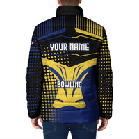 Personalized Blue and Yellow Bowling Padded Jacket with Striking Pins Retro Dot Pattern Design - Wonder Print Shop