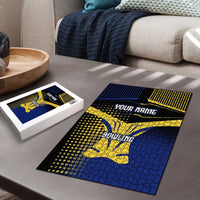 Personalized Blue and Yellow Bowling Puzzle with Striking Pins Retro Dot Pattern Design - Wonder Print Shop