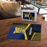 Personalized Blue and Yellow Bowling Puzzle with Striking Pins Retro Dot Pattern Design - Wonder Print Shop