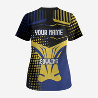 Personalized Blue and Yellow Bowling Scrub Top with Striking Pins Retro Dot Pattern Design - Wonder Print Shop