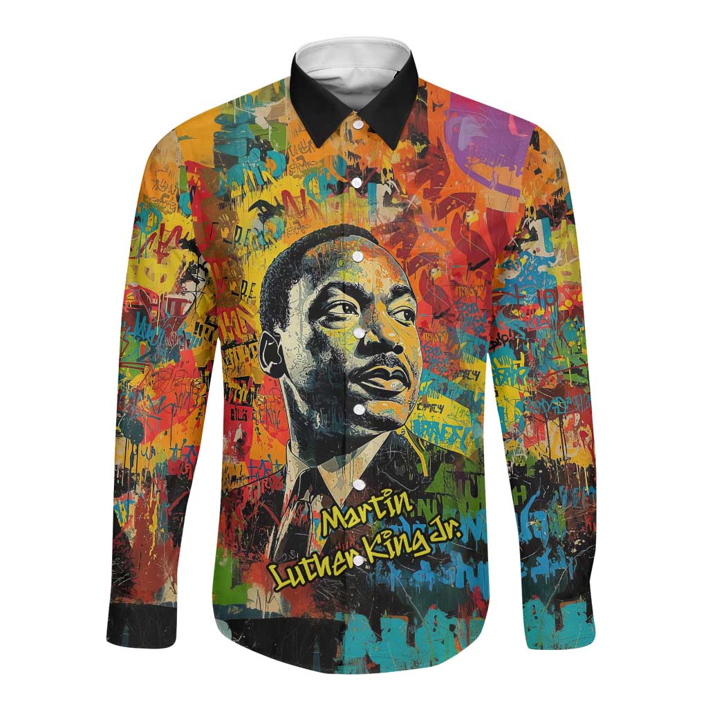 Martin Luther King Jr Long Sleeve Button Shirt Colorful Street Art Portrait Black History Graffiti Style - Wonder Print Shop
