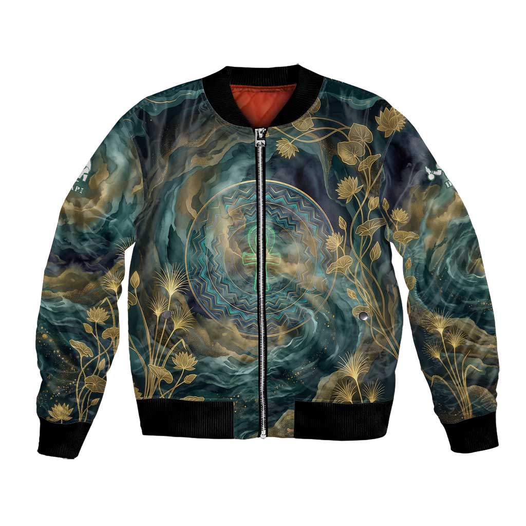 Egyptian Hapi Bomber Jacket God of the Nile Ankh Symbol Lotus Flowers and Sacred River Energy