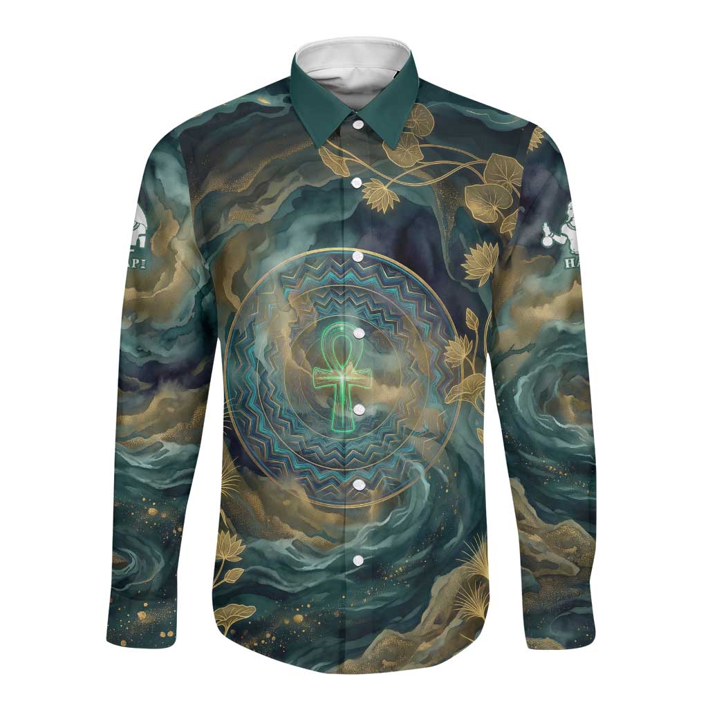 Egyptian Hapi Long Sleeve Button Shirt God of the Nile Ankh Symbol Lotus Flowers and Sacred River Energy