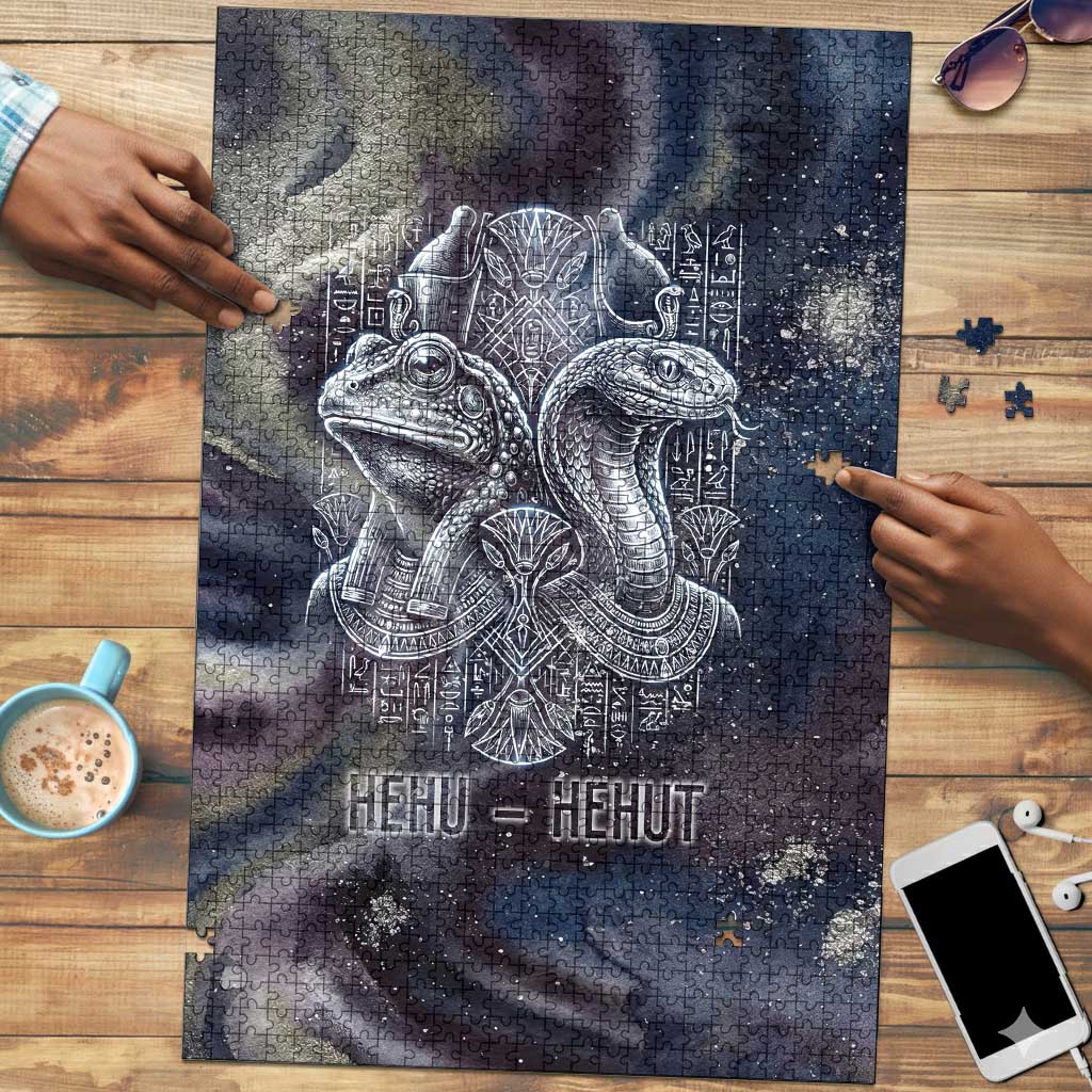 Egyptian Heh and Hauhet Puzzle Serpent Duo Design Cosmic Infinity and Eternal Balance Motif