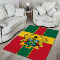 Ghana flag area rug showing red, green, yellow stripes and a coat of arms in the center