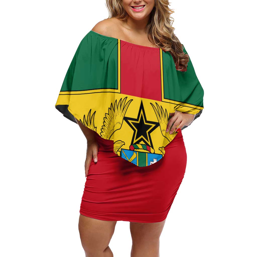 Ghana Flag Off Shoulder Short Dress with Coat of Arms Design
