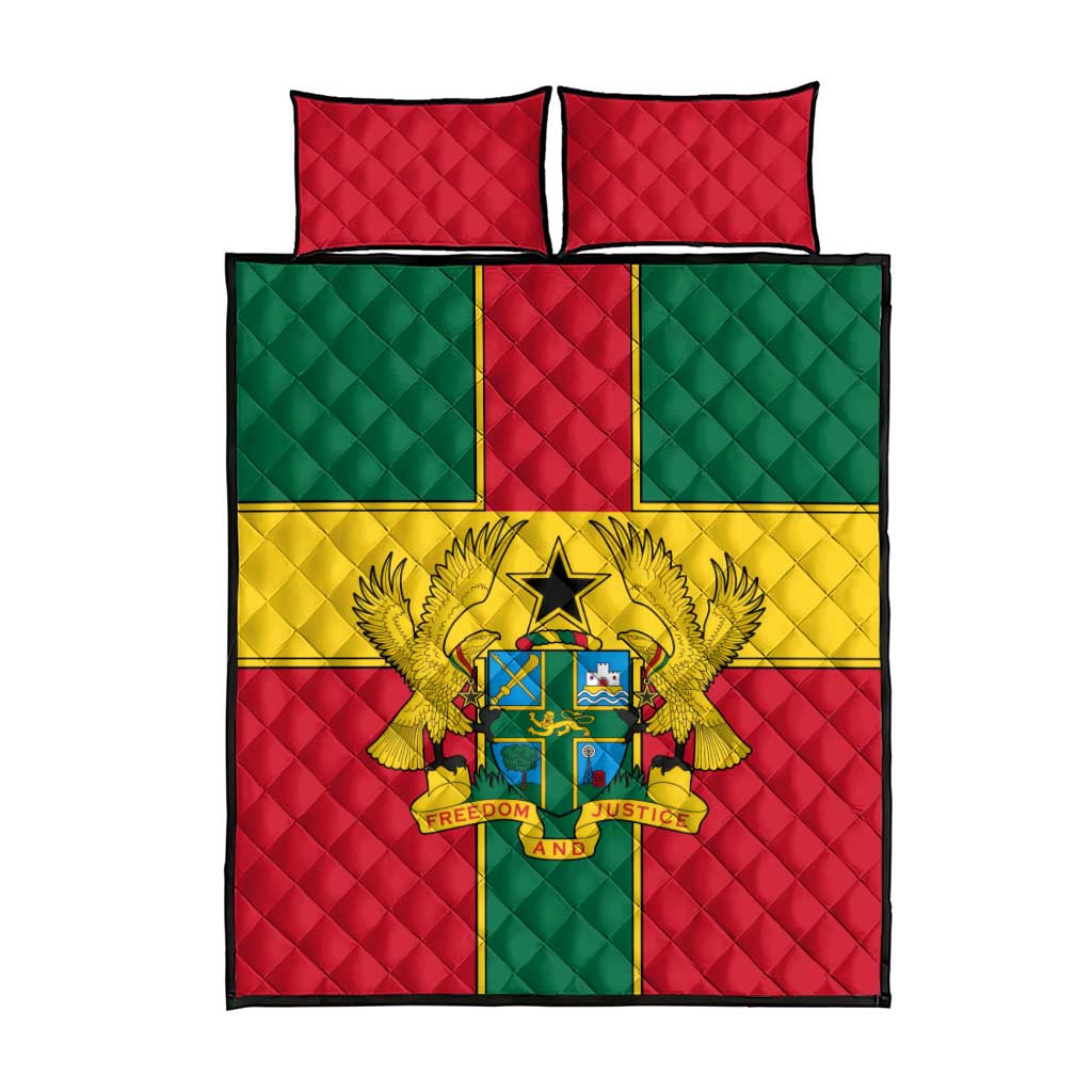 Quilt bed set with Ghana flag stripes and coat of arms center; red quilted pillows