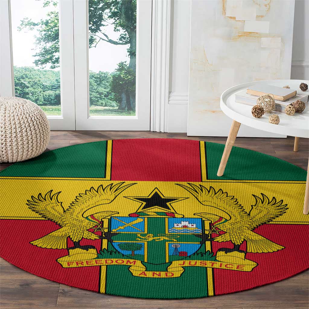 Round Ghana coat of arms rug with bold multicolor emblem and flag stripes