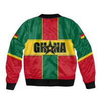 Unisex zip bomber jacket with green, red, yellow back graphic with Ghana text and star