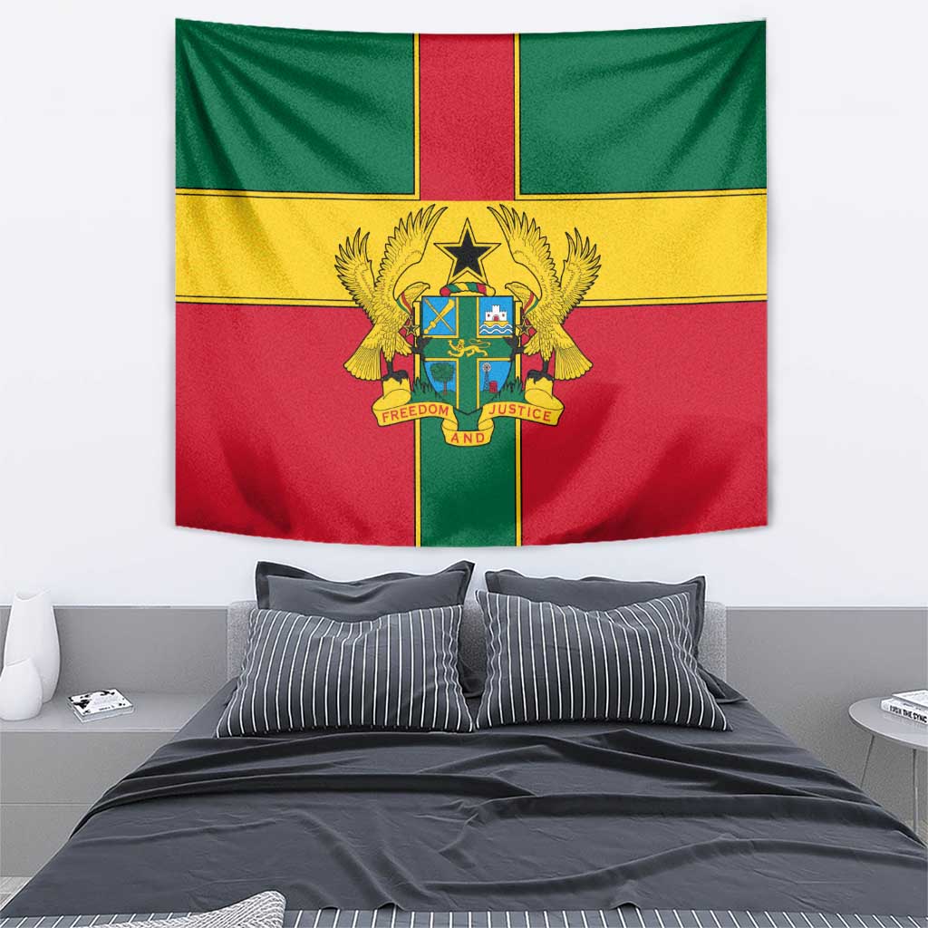 Ghana flag tapestry with coat of arms centered on tricolor cross stripes